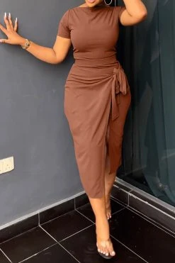 Solid Color Commuting Lace-Up High Split Dress Suit -Clothing-PrettyTina C23030730 BR 1