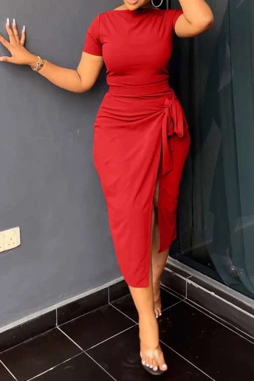 Solid Color Commuting Lace-Up High Split Dress Suit -Clothing-PrettyTina C23030730 RE 1