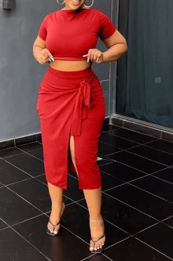 Solid Color Commuting Lace-Up High Split Dress Suit -Clothing-PrettyTina C23030730 RE 4