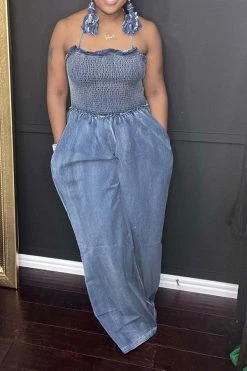 Strap Shirred Smart Denim Wide Leg Jumpsuit