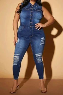 Ripped Classic Button Down Denim Jumpsuit -Clothing-PrettyTina C23030739 BL 3