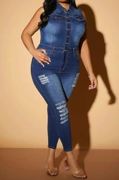 Ripped Classic Button Down Denim Jumpsuit -Clothing-PrettyTina C23030739 BL 4