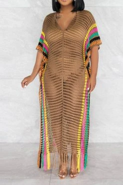 Color Block Crochet Beachy Side Split Tassel Hem Beachwear -Clothing-PrettyTina C23030746 BR 1 a2926626 0d53 48ed 8d57 6f48887febbe