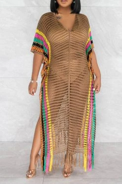 Color Block Crochet Beachy Side Split Tassel Hem Beachwear -Clothing-PrettyTina C23030746 BR 2 bc50c4e0 ac70 4e8b 940a 2900a39287bc