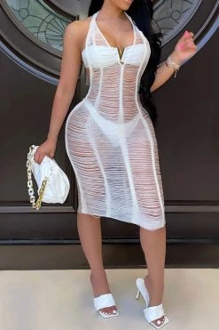 Solid Color Ripped Flirty Backless Beachwear