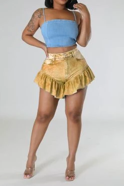 Solid Color Cute Ruffle Denim Shorts -Clothing-PrettyTina C23031053 YE 1 0307eed4 4847 408e 92eb 7d83bd5791dc