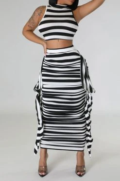 Striped Cute Tie Back Side Ruffle Dress Suit -Clothing-PrettyTina C23031066 BK 2