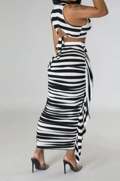 Striped Cute Tie Back Side Ruffle Dress Suit -Clothing-PrettyTina C23031066 BK 3