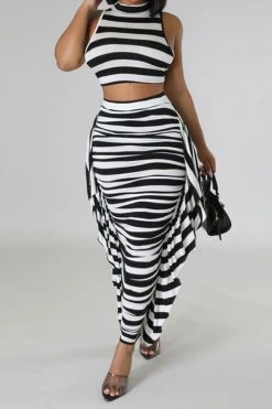 Striped Cute Tie Back Side Ruffle Dress Suit -Clothing-PrettyTina C23031066 BK 4