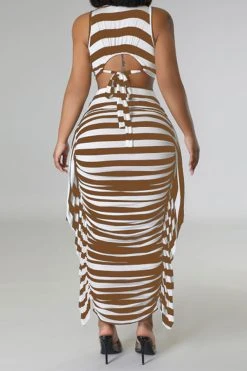 Striped Cute Tie Back Side Ruffle Dress Suit -Clothing-PrettyTina C23031066 KH 2