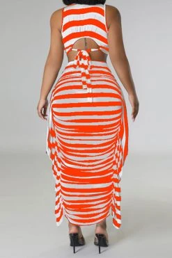 Striped Cute Tie Back Side Ruffle Dress Suit -Clothing-PrettyTina C23031066 OR 2