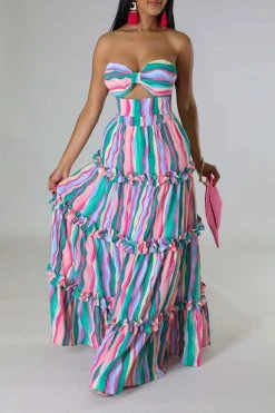 Rainbow Stripe Flattering Tiered Ruffle Dress Suit -Clothing-PrettyTina C23031078 PI 3
