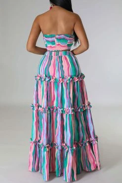 Rainbow Stripe Flattering Tiered Ruffle Dress Suit -Clothing-PrettyTina C23031078 PI 4