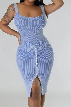 Ribbed Simple Button Design Dress Suit -Clothing-PrettyTina C23031099 BL 1