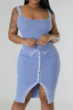 Ribbed Simple Button Design Dress Suit -Clothing-PrettyTina C23031099 BL 5