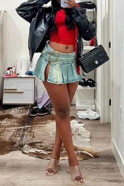 Buckled Design Urban Pleated Denim Skirt -Clothing-PrettyTina C23040407 BL 3