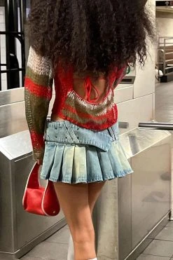 Buckled Design Urban Pleated Denim Skirt -Clothing-PrettyTina C23040407 BL 4