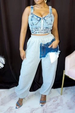 Denim Pocket Patchwork Stylish Drawstring Pants -Clothing-PrettyTina C23040422 AS 1