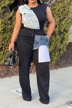 Denim Pocket Patchwork Stylish Drawstring Pants -Clothing-PrettyTina C23040422 BK 3