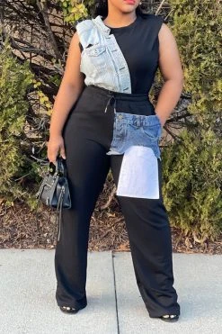 Denim Pocket Patchwork Stylish Drawstring Pants -Clothing-PrettyTina C23040422 BK 4