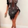Rhinestone Party See-Through Irregular Feather Hem Mini Dress