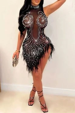 Rhinestone Party See-Through Irregular Feather Hem Mini Dress