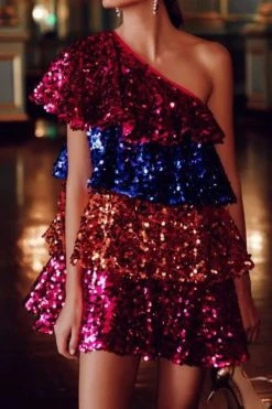 Color Block Sequined Sparkly Tiered Ruffle Midi Dress