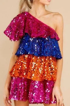 Color Block Sequined Sparkly Tiered Ruffle Midi Dress -Clothing-PrettyTina C23040476 RT 5