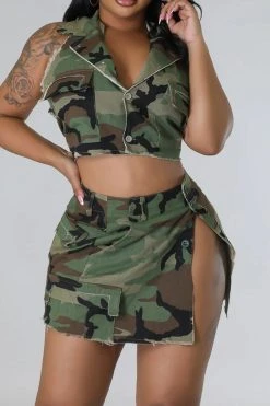 Camouflage Hot High Split Open Back Dress Suit
