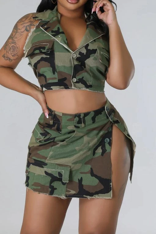 Camouflage Hot High Split Open Back Dress Suit -Clothing-PrettyTina C23040491 CF 1