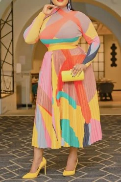 Graphic Print Classic Pleated Dress Suit -Clothing-PrettyTina C23041197 RT 3