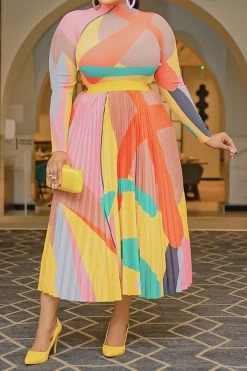 Graphic Print Classic Pleated Dress Suit -Clothing-PrettyTina C23041197 RT 4