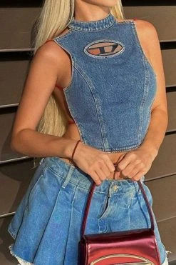 Metal Decor Smart Strappy Open Back Denim Camisole -Clothing-PrettyTina C23041905 BL 3