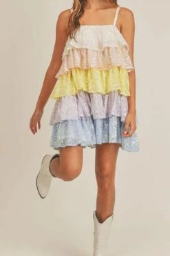 Color Block Sequined Sweet Tiered Ruffle Mini Dress -Clothing-PrettyTina C23041939 RT 3