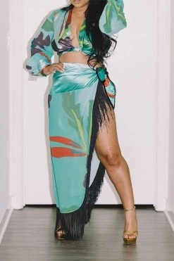 Leaf Print Tropical High Split Tassel Trim Dress Suit