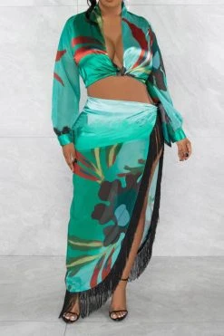 Leaf Print Tropical High Split Tassel Trim Dress Suit -Clothing-PrettyTina C23041961 GR 3