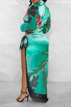 Leaf Print Tropical High Split Tassel Trim Dress Suit -Clothing-PrettyTina C23041961 GR 5