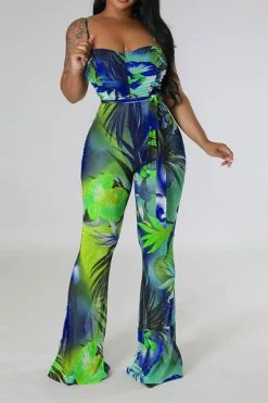 Floral Print Romantic Belted Bell Bottoms Jumpsuit -Clothing-PrettyTina C23041975 BL 1