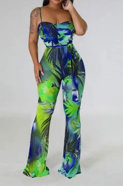 Floral Print Romantic Belted Bell Bottoms Jumpsuit -Clothing-PrettyTina C23041975 BL 2