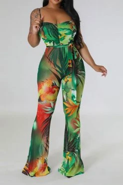 Floral Print Romantic Belted Bell Bottoms Jumpsuit -Clothing-PrettyTina C23041975 GR 2