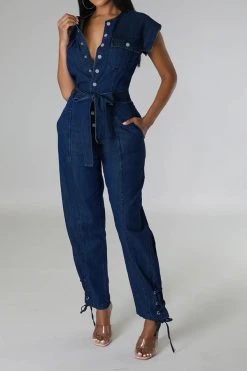 Solid Color On-trend Strappy Belted Denim Jumpsuit -Clothing-PrettyTina C23041976 BL 3