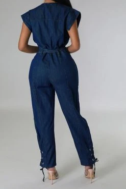Solid Color On-trend Strappy Belted Denim Jumpsuit -Clothing-PrettyTina C23041976 BL 5