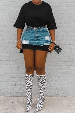 Color Block Smart Ripped Denim Dress Suit -Clothing-PrettyTina C23042460 BK 1