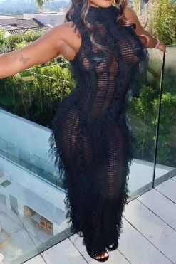 Solid Color Whimsical Tassel Knitted Midi Dress -Clothing-PrettyTina C23042829 BK 1