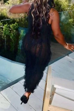 Solid Color Whimsical Tassel Knitted Midi Dress -Clothing-PrettyTina C23042829 BK 2