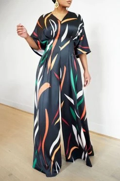Colorful Striped V Neck Wide Leg Jumpsuit -Clothing-PrettyTina C23042839 BK 1