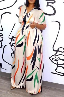 Colorful Striped V Neck Wide Leg Jumpsuit