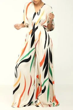 Colorful Striped V Neck Wide Leg Jumpsuit -Clothing-PrettyTina C23042839 WH 4
