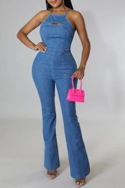 Solid Color Cutout Feminine Denim Jumpsuit