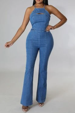 Solid Color Cutout Feminine Denim Jumpsuit -Clothing-PrettyTina C23050833 BL 5
